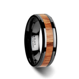 Black Ceramic men's wedding ring with red oak wood inlay and beveled...