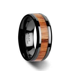 Black Ceramic men's wedding ring with red oak wood inlay and beveled edges