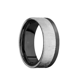 Black Zirconium flat men's wedding band with 5mm of meteorite inlay and hammered or brushed finish. 