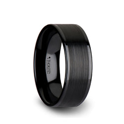 Black Ceramic flat men's wedding ring with brushed center and polished edges
