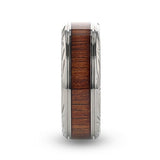 Titanium wedding ring with rare koa wood inlay and intricate edge design.