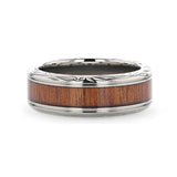 Titanium wedding ring with rare koa wood inlay and intricate edge design.