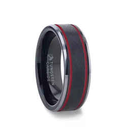 Wire finish, black tungsten men's wedding ring with double red stripes and beveled edges