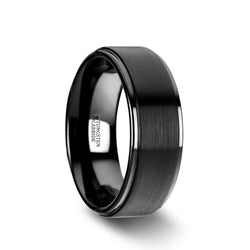 Tungsten Carbide flat men's wedding ring with raised brushed center and polished edges