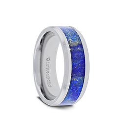 Tungsten men's wedding band with blue lapis lazuli inlay and polished beveled edges.