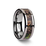 Tungsten wedding band with tree camouflage and beveled edges