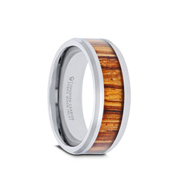 Tungsten Carbide ring with real zebra wood inlay and polished, beveled edges.