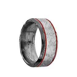 Damascus men's wedding band with a 5mm meteorite inlay, parallel red grooves and beveled edges.