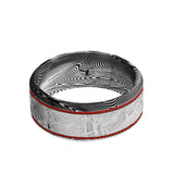 Damascus men's wedding band with a 5mm meteorite inlay, parallel red grooves...