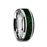 Tungsten men's wedding band with green goldstone inlay and beveled edges