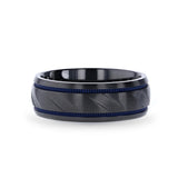 Black Titanium men's wedding ring with brushed center, blue grooves and carved...