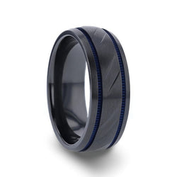 Black Titanium men's wedding ring with brushed center, blue grooves and carved diagonal pattern.