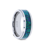 Tungsten men's wedding band with green blue opal inlay and polished, beveled...