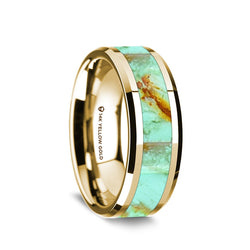 14K Gold men's wedding band with turquoise inlay and beveled edges