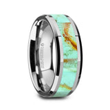 Tungsten Wedding band with beveled edges and light blue turquoise stone inlay