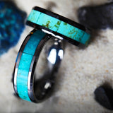 Tungsten Wedding band with beveled edges and light blue turquoise stone inlay