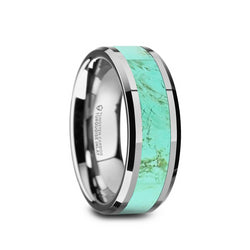 Tungsten men's wedding band with light blue turquoise stone inlay and beveled edges