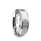 Tungsten men's wedding ring with brushed center, beveled edges and white diamond...
