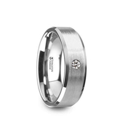 Tungsten men's wedding ring with brushed center, beveled edges and white diamond setting.
