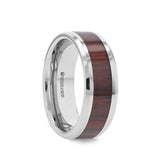 Tungsten Carbide domed men’s wedding band with cocobolo wood inlay and polished...