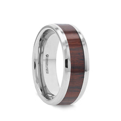 Tungsten Carbide domed men’s wedding band with cocobolo wood inlay and polished finish