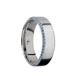 14K White Gold beveled men's wedding band featuring a bevel eternity arrangement of .01 carat denim sapphires and a brushed finish.