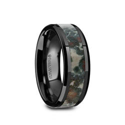 Black Ceramic men's wedding band with coprolite fossil inlay and beveled edges