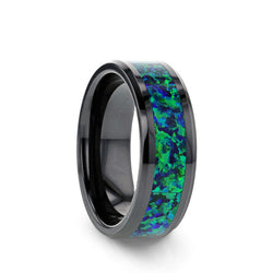 Black Ceramic men's wedding band with emerald green and sapphire blue color opal inlay and beveled edges
