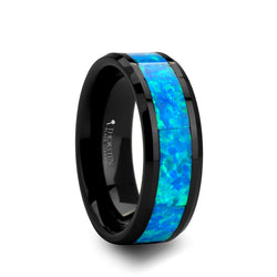 Black Ceramic men's wedding band with blue and green opal inlay and beveled edges
