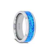 Tungsten men's wedding band with blue green opal inlay and beveled edges