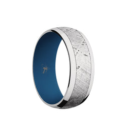 Cobalt Chrome domed men's wedding band with 5mm of meteorite inlay featuring a Ridgeway Blue sleeve.