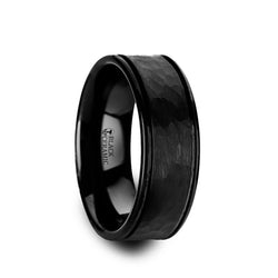 Ceramic wedding ring with dual offset grooves and hammered finish