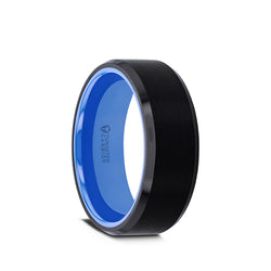 Black Tungsten wedding ring with brushed center, blue interior and beveled edges.
