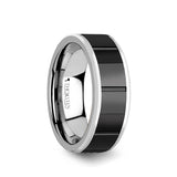 Tungsten men's wedding ring with grooved, black, ceramic center and beveled edges