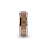 Titanium men's wedding ring with red oak wood inlay and beveled edges.