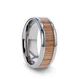 Titanium men's wedding ring with red oak wood inlay and beveled edges.