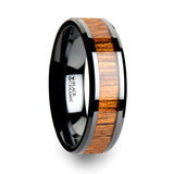 Black Ceramic domed men's wedding ring with teak wood inlay and polished...