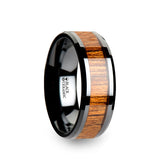 Black Ceramic domed men's wedding ring with teak wood inlay and polished...