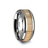 Titanium men's wedding ring with red oak wood inlay and beveled edges