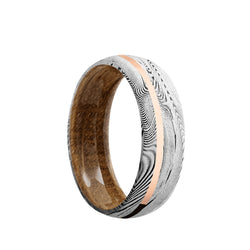 Tightweave Damascus domed men's wedding band with 1mm off center 14K solid rose gold inlay featuring a whiskey barrel wood sleeve.