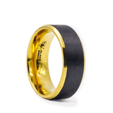 Black Zirconium wedding band with brushed black center, gold plated beveled edges...