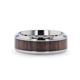 Titanium men's wedding ring with black walnut wood and beveled edges.