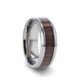 Titanium men's wedding ring with black walnut wood and beveled edges.
