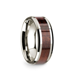 14K White Gold men's wedding band with redwood inlay and beveled edges.