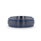 Black Titanium men's wedding ring with brushed finish and blue grooves. 