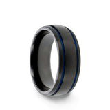Black Titanium domed men's wedding ring with brushed finish and blue grooves.