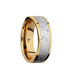 14K Gold men's wedding band with 5mm of meteorite inlay and polished, flat edges. 