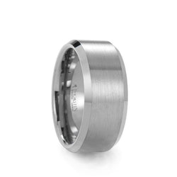 Tungsten men's wedding ring with brushed center and polished beveled edges. 