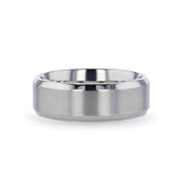 Titanium men's wedding ring with brushed center and beveled edges.