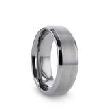 Titanium men's wedding ring with brushed center and beveled edges. 